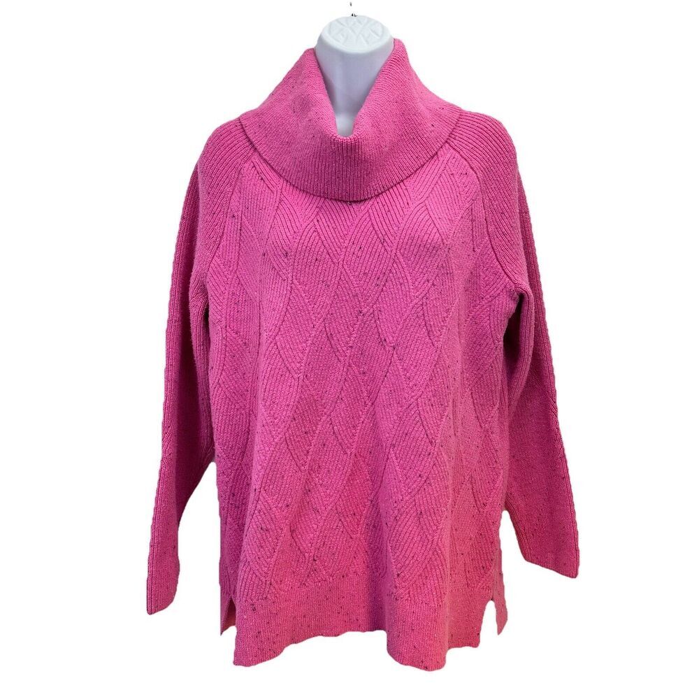 TALBOTS Cowl Knit Sweater Sz Large Pink Speckled Knit Cotton Blend Diamond Tweed - Picture 2 of 13